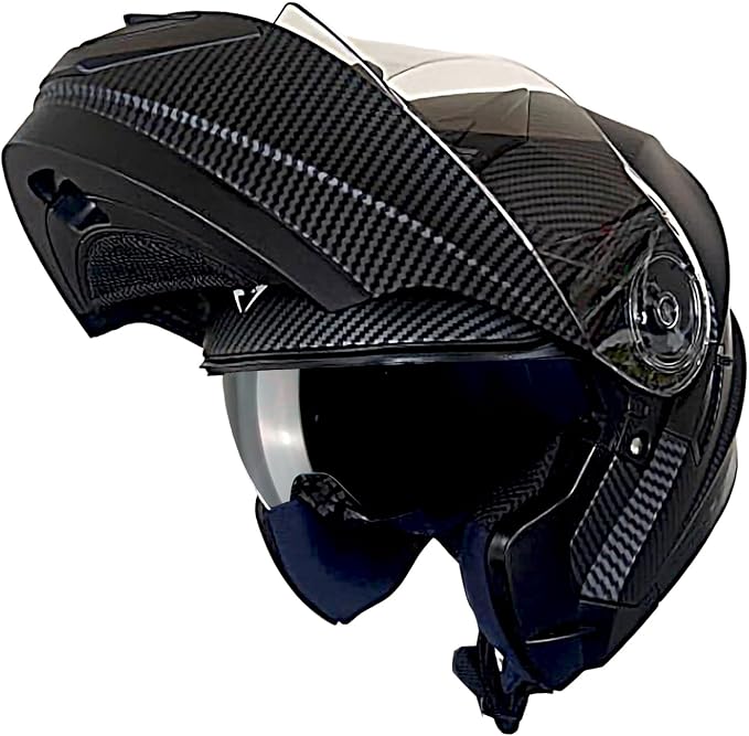1Storm New Motorcycle Bike Modular Full Face Helmet Dual Visor Sun Shield with Rechargable LED Tail Light: Modular901 Matt Carbon Fiber Black