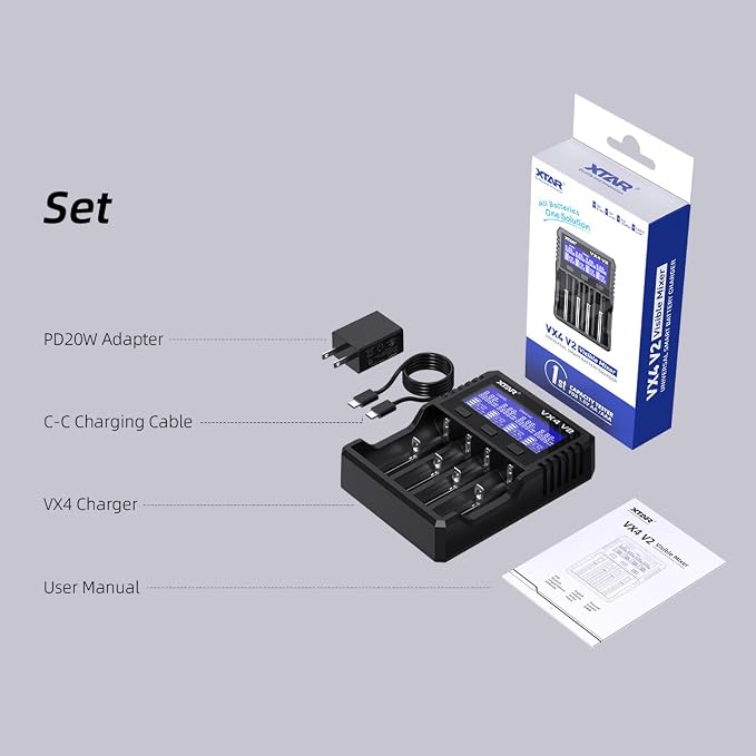XTAR VX4 V2 Smart Battery Charger with LCD Screen, 1.5V & 1.2V AA AAA Rechargeable Batteries Tester, Multi-Slot Universal Battery Analyzer for 3.6V 3.7V Batteries （Not Included Any Batteries）