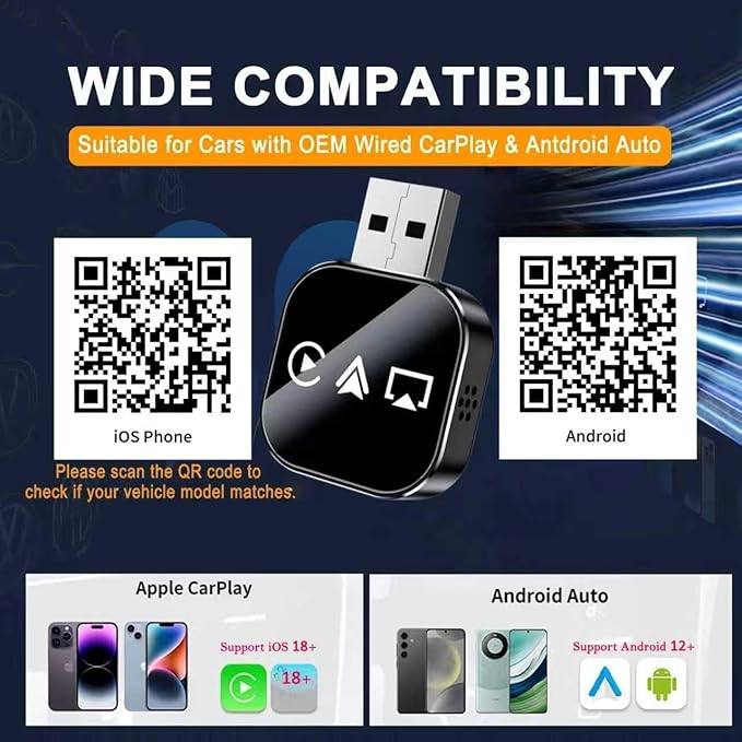 2026 Upgrade 3 in 1 Wireless CarPlay Adapter - Wired to Wireless Screen Mirror & Audio Link for iOS/Android, 2.4/5GHz WiFi & Bluetooth 5.0, Fast Stable Connection, Mini Design, Plug and Play