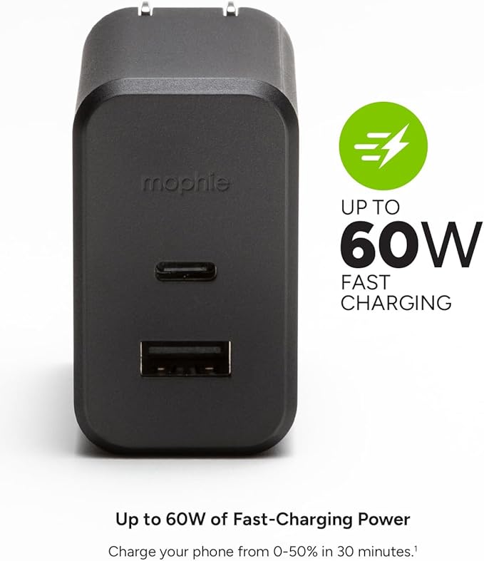 Mophie GaN 60W USB C Charger Block with USB A Port - Fast Wall Charger for iPhone, iPad, Google Pixel, Samsung Galaxy, MacBook Pro, Laptops, and More - Compact, Foldable Prongs, Eco-Friendly, Black