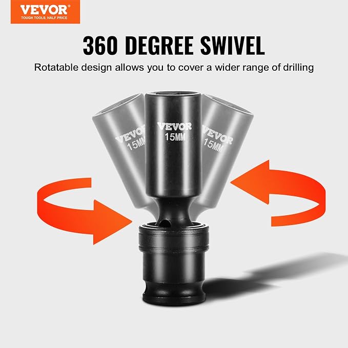 VEVOR 14PCS Universal Impact Socket Set - 3/8" Drive Deep Metric 10-19mm 6 Point - Swivel Socket with Flexible Wobble, CR-MO, Metric, Storage Case