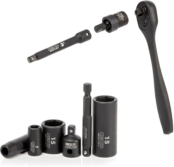 NEIKO 02437A 1/4 Drive Impact Socket Set 54 Piece Metric & Standard, Deep & Shallow Chrome Vanadium Steel 3/8” to 1/4” Reducer Hex Shank Adapter, Metric and Standard, Deep Socket Set