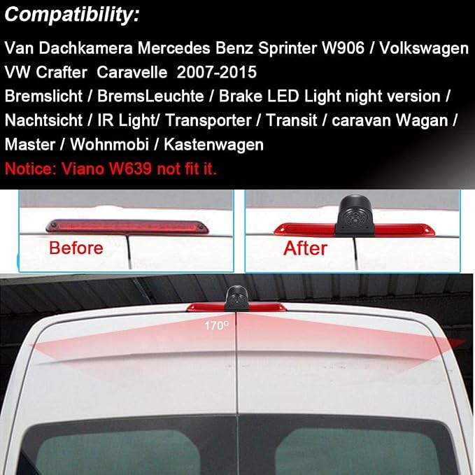 Car Third Roof Top Mount Brake Light 3 Rear View Camera Parking Safety Assistant System, HD Night Vision Waterproof for VW Crafter Caravelle/Mercedes Benz Sprinter W906 (with 7-inch Rearview Mirror)