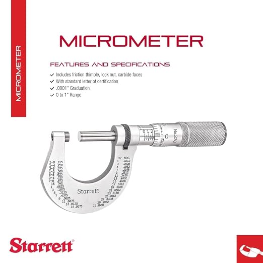 Starrett Outside Micrometer with Friction Thimble, Lock Nut and Carbide Face - 0-1" Range, .0001" Graduation, Flat Anvil Type - T230XFL W/SLC