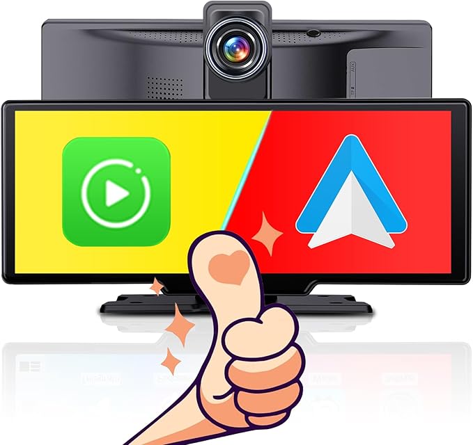 10.26" Wireless Apple CarPlay Screen for Car with Dash Cam, Portable Android Auto Display, Bluetooth/AUX/FM Audio, Voice Control, Plug & Play Dashboard Mount