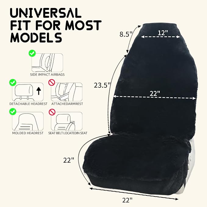 Aegis Cover Sheepskin Car Seat Cover Genuine Australian Merino Wool Front Seat Cover Luxury Dense Pelt Universal Fit for Most SUVs, Trucks, Bucket-Style, 54 X 22 Inches (CS-Black)