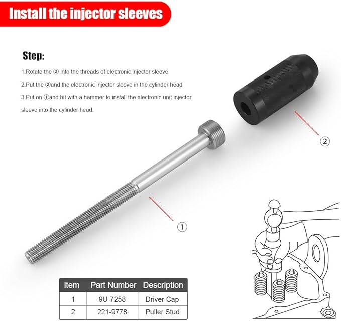 9U-7227 Injector Height Tool + 9U-6891 Injector Sleeve Remover Installer Set l+J-38587-a Engine Barring Socket Installer Tool Set Suitable For CAT Caterpillar 3406E C-15 C-16 Engines (8 PCS)