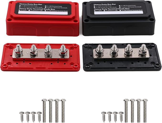 Bus Bar 12V-48V 300A, Heavy Duty Module 4 x 5/16" Posts Terminals Power Distribution Block, Positive Negative Ground DC Battery Busbar Junction Blocks for Car RV Solar Boat Truck Marine, 2 Pack