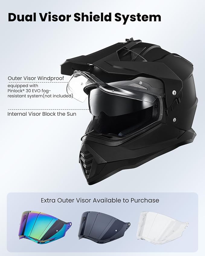 ILM Dual Sport Adventure Motorcycle Helmet with Pinlock Compatible Sun Visor Snowmobile ATV Dirt Bike Off Road Casco Model WS902 (Matte Black, S)