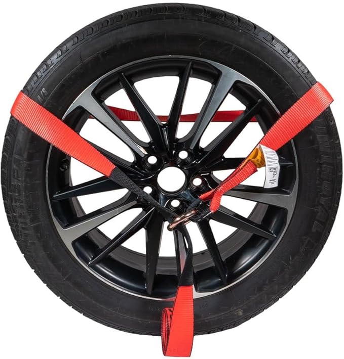 Mytee Products 2" x 120" Car Tie Down Straps for Trailer with Flat Hook - 3333 LB WLL Red Lasso Style Tire Straps for Car Trailer with Ratchets - Vehicle Tie Down Wheel Straps for Hauling Cars