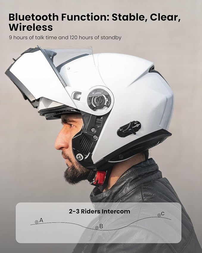 ILM 159BT Bluetooth Modular Motorcycle Helmet 2-3 Riders Intercom Full Face Flip up Casco DOT with Face Mask (White, S)