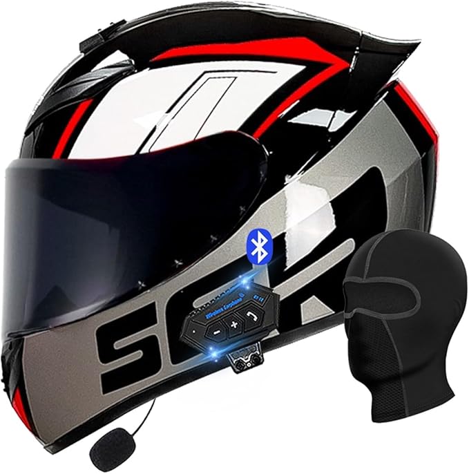 Motorcycle Bluetooth Full Face Helmet, Integrated Bluetooth Helmet, DOT/ECE Approved Full Face Flip Up Helmet, Multiple Vents Motorbike Helmet with Microphone for Adults 55-64CM