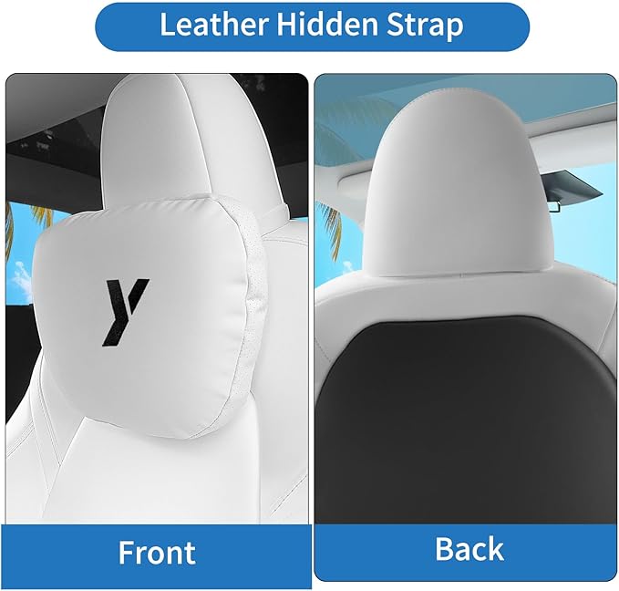 Nappa Leather Car Neck Pillow for Tesla Model Y Model 3 Juniper/Highland Headrest Pillow Memory Foam Ergonomic Design Breathable Height Adjustable Accessories (White-1 pc-Y)