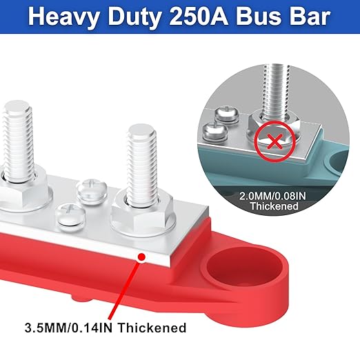 Upgraded Bus Bar 250A 12V Power Distribution Block with 5/16" (M8) 4-Posts Terminals Block with Cover for Automotive, Marine, Battery System (Black & Red)