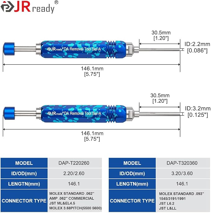JRready ST5265 Molex Pin Extractor Tool for Molex .062" & .093” Pin and Socket Connectors, 2PCS Tube Type Ejector Rod Insertion Tools