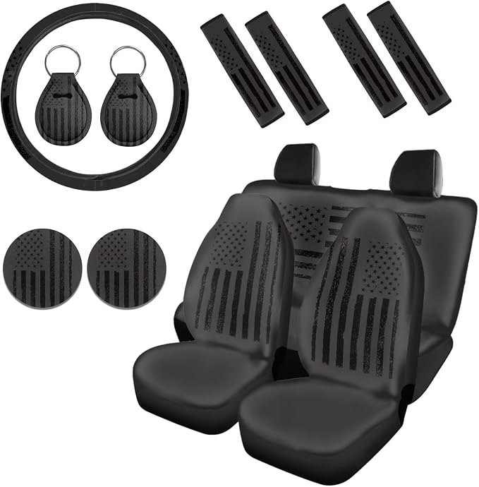 Howilath Black American Flag Car Seat Cushion Cover Interior Accessories with Steering Wheel Pads/Seat Belt Cushion/Keychains/Cup 13 Piece Auto Accessories Universal Fit All Seasons