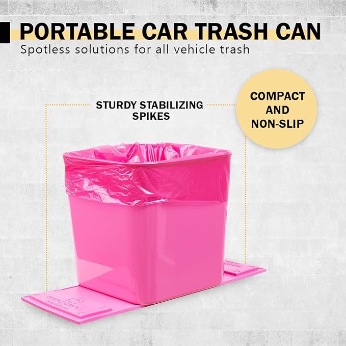 Pink Car Trash Can + Black Trash Bag Bundle – Leakproof, Anti-Slip Base, Stability Flap – Includes 2 Rolls (40pcs Total) – Large, Portable – for Cars, SUVs & Trucks