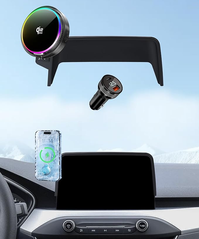 Qi2.2 25W Magnetic Car Mount Charger for 2020-2026 Ford Escape Accessories, for Fast Charging Cell Phone Holder 8 Inch Screen Fixed Clip with Cooling Fan＆54W Fast Adapter