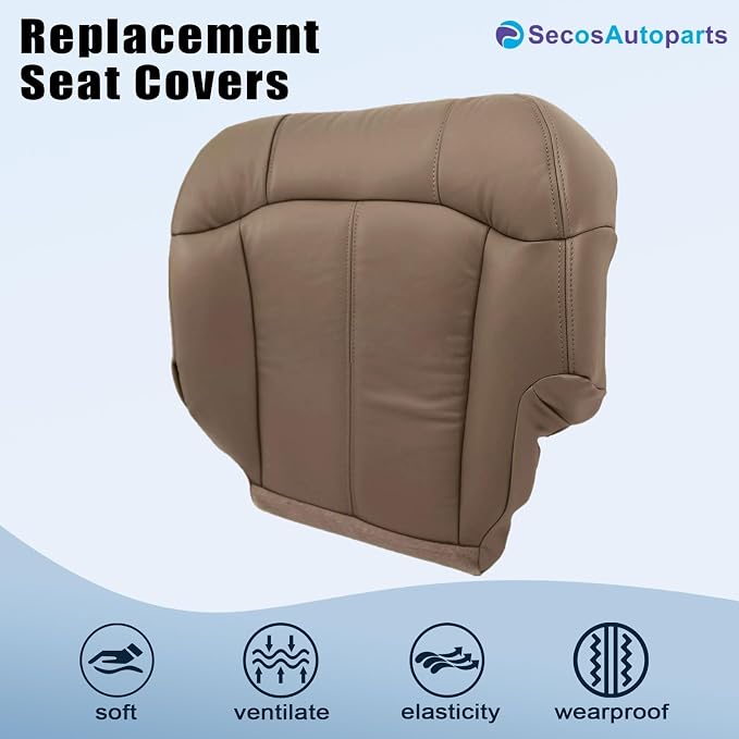 SecosAutoparts Driver & Passenger Side Bottom & Top Lean Back & Armrests Leather Seat Covers Med Tan Compatible with Chevy Silverado 1500 2500 1999 2000 2001 2002