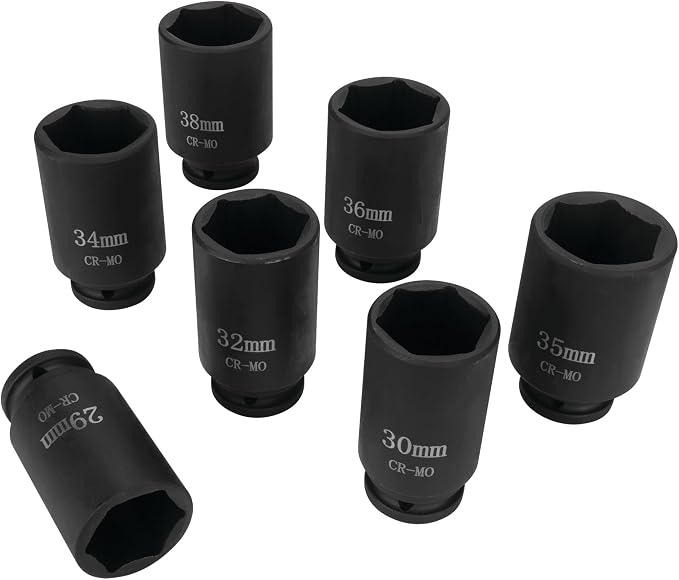 Performance Tool W89323 Axle Nut Socket Set, 1/2" Drive (7 Pieces) - Chrome Molybdenum Steel, Extra-Deep Sockets, Fits Various Domestic and Import Vehicles, Storage Case Included