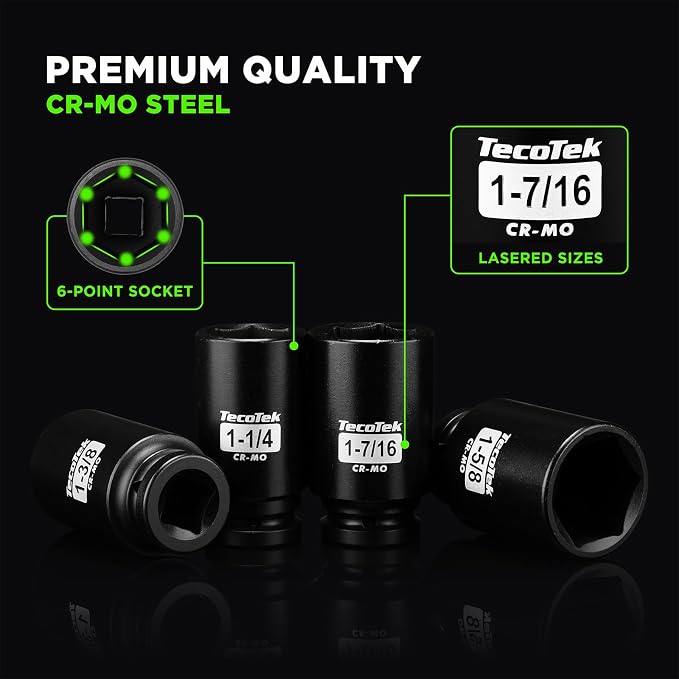 TecoTek 3/4" Drive Deep 6-Point Impact Socket Set, 14-Piece Heavy Duty Impact Socket Set, Cr-Mo, SAE (1" to 2"), for Large Vehicle and Apparatus Maintenance