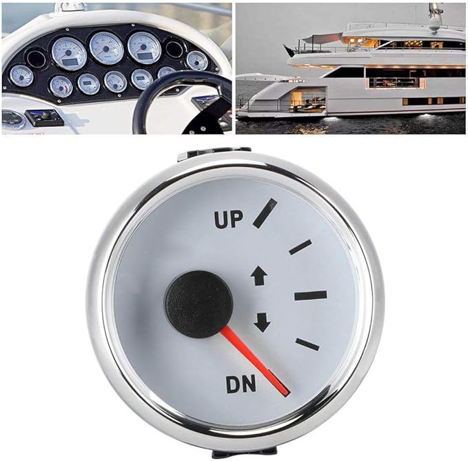 Boat Marine Trim Gauge 52mm/2in UP-DN Boat Gauges Set 0-190ohm Trim Tilt Indicator Red Backlight (White Dial Silver Frame)