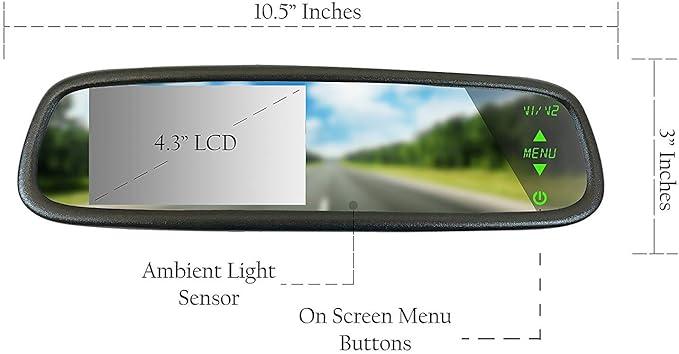 Master Tailgaters 10.5" OEM Rear View Mirror with 4.3" LCD Screen | Slim Mirror| Rearview Universal Fit | Auto Adjusting Brightness LCD | Anti Glare | Full Replacement