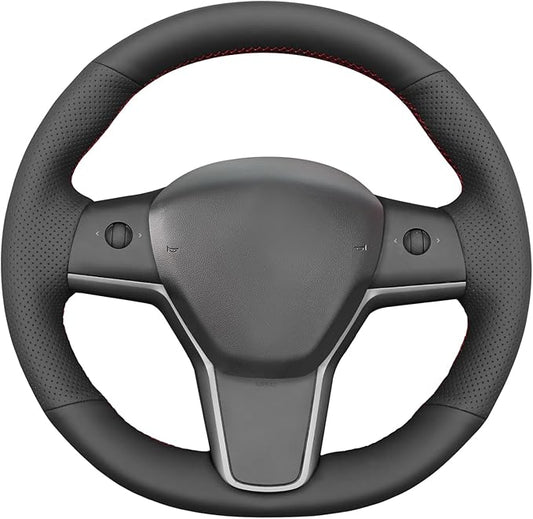 MEWANT Hand Stitch Steering Wheel Cover for Tesla Model Y 2020-2023 Model 3 2017-2023 Made of Black Genuine Leather