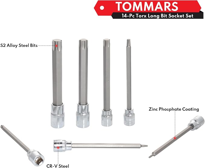 TOMMARS 14-PC Long Torx Bit Socket Set T10-T70 & 60-Pc Master Torx Bit Socket and External Socket Set