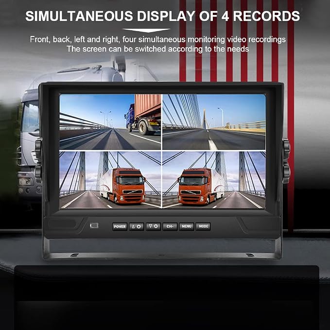9 Inch 4-Channel 1080P Wired Backup Camera System with DVR, Quad Split Screen Monitor, 4 Waterproof Night Vision Cameras Included, Loop Recording, Remote Control for Truck/RV/Trailer/Bus/Car
