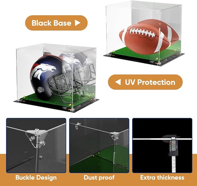 Football Helmet Display Case - Updated Full Size Acrylic Helmet Display Box for Baseball Motorcycle Hats - UV Protection Clear Showcase with Mirrored Back Turf Base & LED Tricolor Light Strip