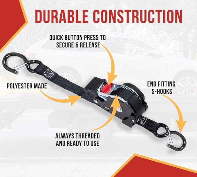 Mytee Products (2 Pack) Auto Retract NO-RATCHETING Ratchet Straps | 1" x 12' Retractable Ratchet Straps with Coated S Hook Tiedowns for Motorcycles, ATVs, Bikes: Tight & Secure Pickup Trailer Tie-Down