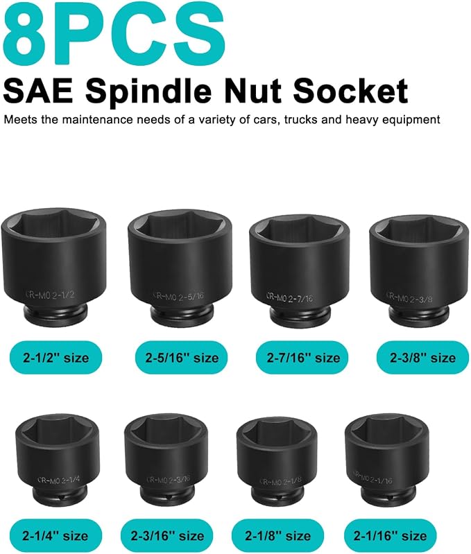 3/4 Inch Drive Impact Jumbo Socket Set,Spindle Axle Nut Impact Socket Set,6-Point,SAE(2-1/16" to 2-1/2"),8 Pcs,Cr-MO Steel,With a Storage Case