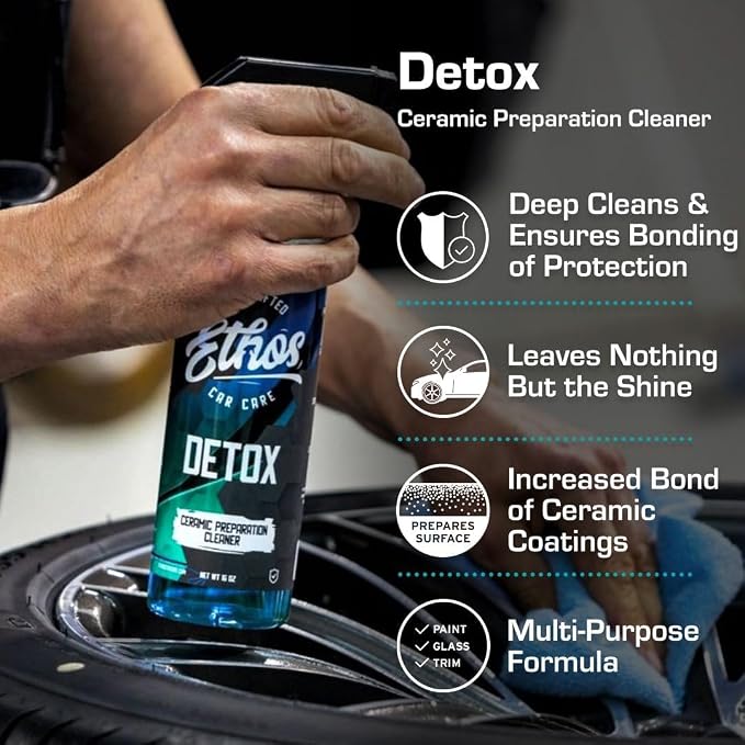 Ethos DETOX - Ceramic Coating Prep Spray, Panel Wipe, Glass Cleanser - Remove Your Old Ceramic Coating, Wax, or Sealant - Multi-Purpose Formula - Leaves Nothing But the Shine (16 OZ - 2PK)