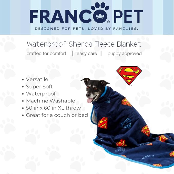 Superman DC Comics Waterproof Dog Bed Cover, Large 50x60 Pet Blanket for Furniture Bed Couch Sofa, (Officially Licensed) by Franco