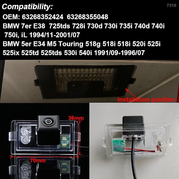 HD Backup Camera for Car, Waterproof Rear-View License Plate Reverse Parking Camera, for BMW 7er E38 725tds 728i 730d 730i 735i 740d 740i 750i/5er E34 M5 Touring 518g 518i 520i 525i 530i 540i