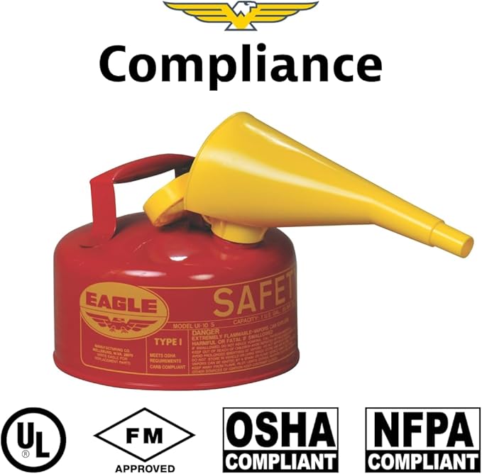 Eagle 1 Gallon Type I Red Safety Gas Can for Gasoline with Flame Arrester, Self-Closing Lid, and F-15 Funnel, Made in the USA, Galvanized Steel Flammable Storage Can, UI10FS