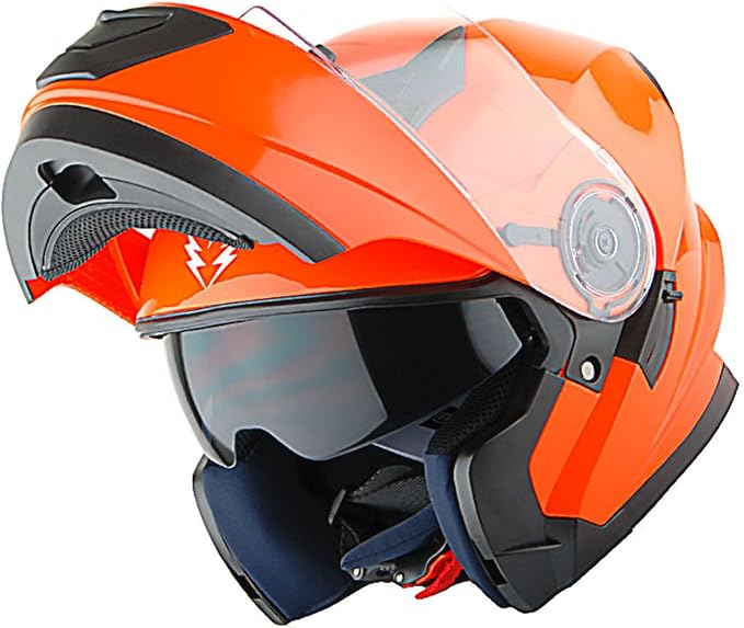 1Storm New Motorcycle Bike Modular Full Face Helmet Dual Visor Sun Shield with Rechargeable LED Tail Light: Glossy Orange