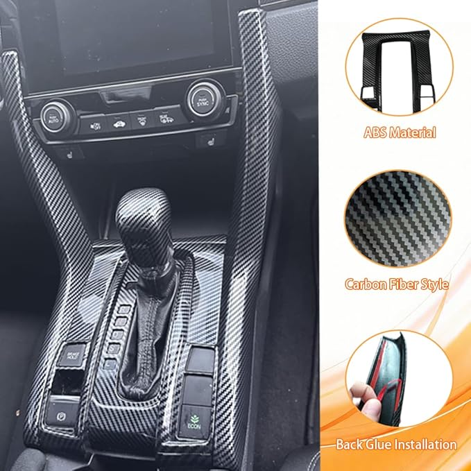 Center Console Automatic Gear Shift Panel Cover with Gear Shift Knob Cover Compatible with Honda Civic 10th Gen 2016-2021 Carbon Fiber Style Automotive Interior Accessories (5 Pcs)
