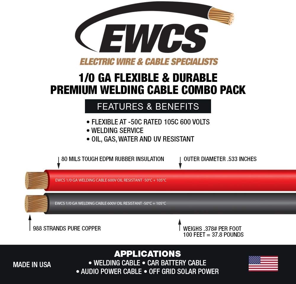 1/0 Gauge EWCS Brand - 15 Feet Each Black + Red - 100% Copper Premium Industrial Grade Extra Flexible Welding Cable 600 Volt Black+Red Combo Pack