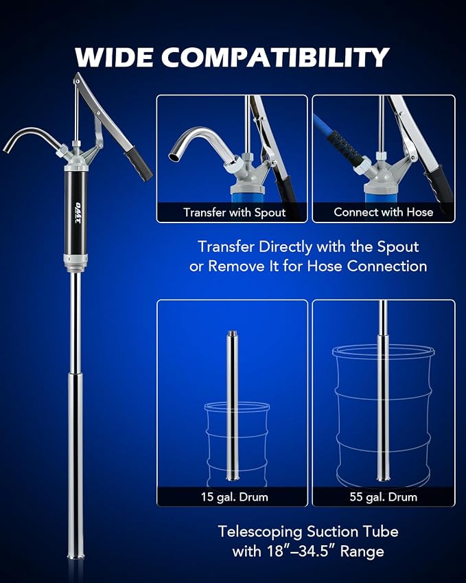 Orion Motor Tech 55 Gallon Drum Pump, Lever Action Barrel Pump for 15 to 55gal Drums, Heavy Duty Barrel Hand Pump with Telescoping Suction Tube Transferring Heating Oil, Motor Oil, Transmission Fluid