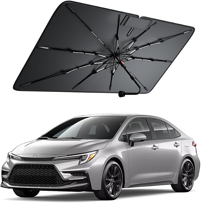 Windshield Sun Shade for Toyota Corolla/Prius 2000–2026, Foldable Umbrella Sunshade with 100% UV Block, Multi-Layer Heat Insulation, Reinforced 10-Rib Frame, Keeps Car Cooler