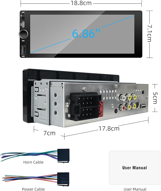 【Type-C&USB】 Single-Din-Car-Radio with Wireless-Apple-Carplay & Android-Auto,Carplay Screen for Car,6.86 Inch Touchscreen,Bluetooth Handsfree, Backup Camera, FM Radio