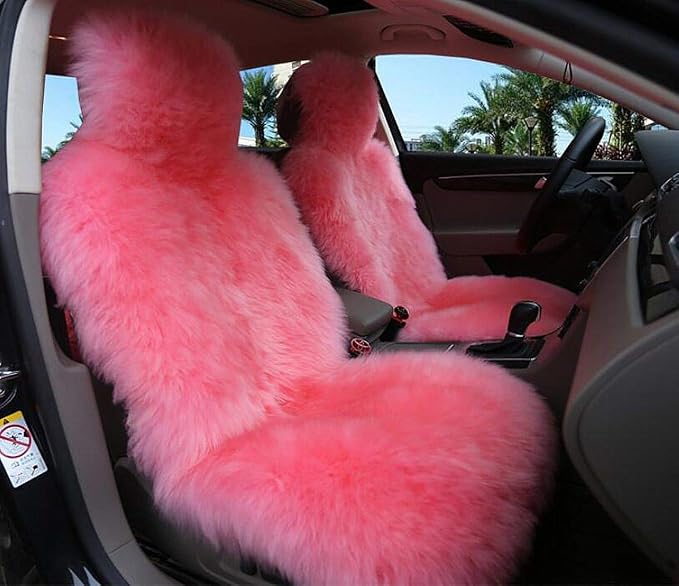 Winter Warm Authentic Australia Sheepskin Car Seat Cover Luxury Long Wool Front Seat Cover Fits Most Car, Truck, SUV, or Van (Pink)