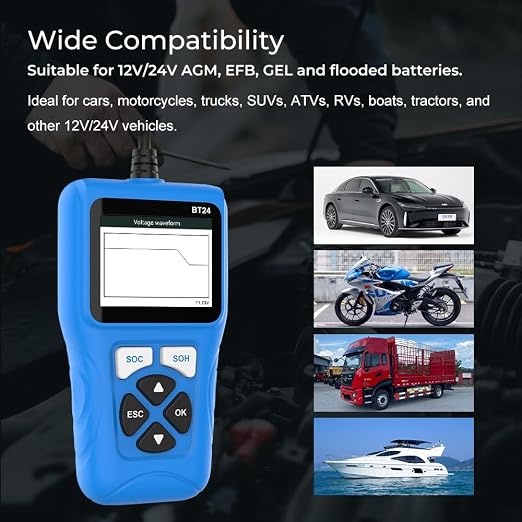 Veepeak 12V 24V Car Battery Tester, 100-2000 CCA Auto Load Analyzer | Cranking & Alternator Test, Fast Diagnostics for 12V 24V Lead-Acid Batteries, Suitable for Cars Trucks Boats Motorcycles