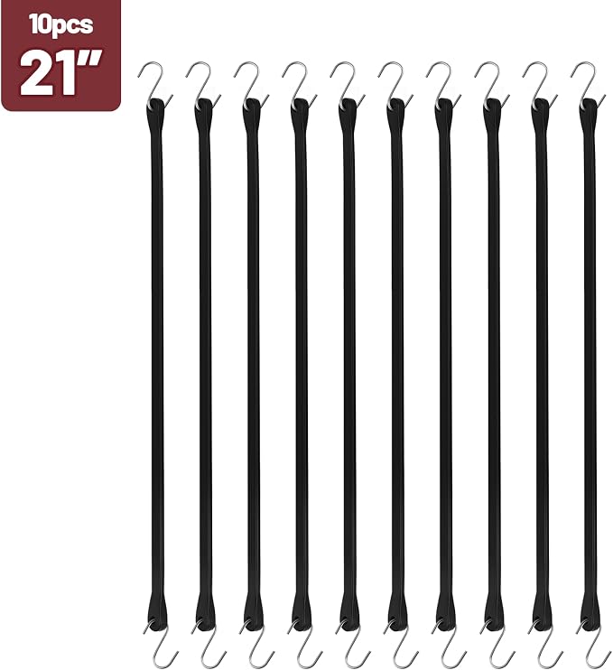 Bungee Cords with Hooks (10 Pack) – 21" Heavy Duty EPDM Rubber Tarp Straps, Max Stretch 2X, Load 180+ LBS, Crimped S Hooks for Cargo, Trucks, Camping, Outdoor Use