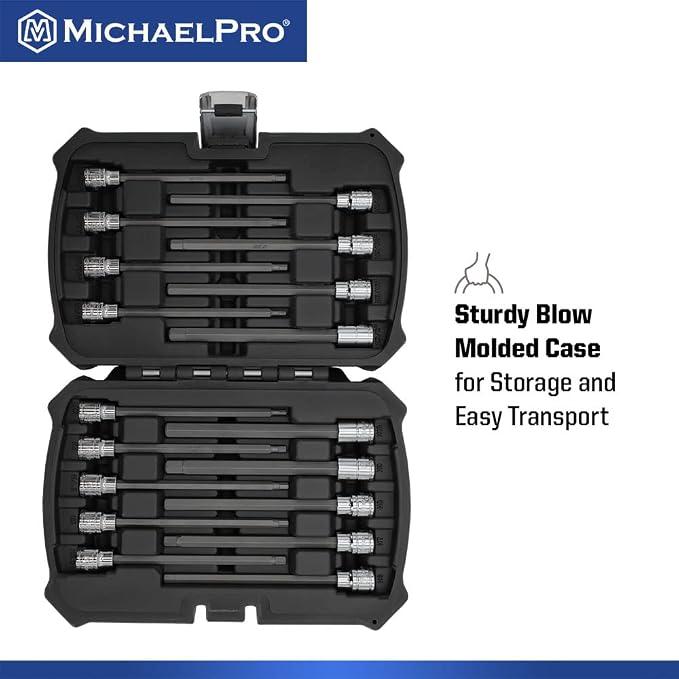 MichaelPro 18-Piece 3/8'' Drive Long Hex Bit Socket Set, SAE & Metric (1/8" - 3/8", 3-10 mm), 6-Inch Length for Deep Reach, High Torque Resistant CR-V and S2 Steel, Storage Case Included - MP012020