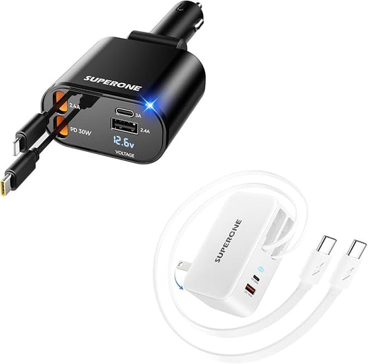 Bundle SUPERONE Retractable Car Charger 4 in 1 & 4 in 1 Retractable Wall Charger with Dual USB C Cables