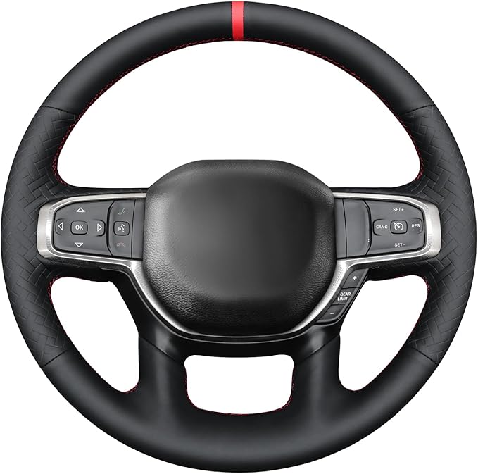 MEWANT Hand-Stitched Steering Wheel Cover Wrap for Dodge Ram 1500 2019-2023 Steering Wheel Accessories for Dodge Ram(Backsides Without Buttons)