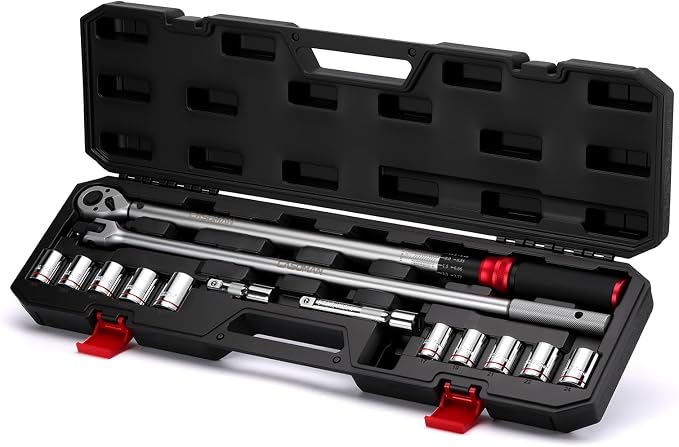 CASOMAN 14 PCS 1/2 Inch Click Torque Wrench Set,22.2-244.2 FT.-LB/30-330 Nm, ±3% Accuracy, 72-Tooth Dual Scale Torque Wrench Kit, with Breaker Bar & Extensions & Sockets, for Automotive Tire Repair